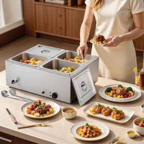 Commercial Food Warmer 4-Pan 1500W Countertop Buffet Bain Marie With Lid (Option: Silver)